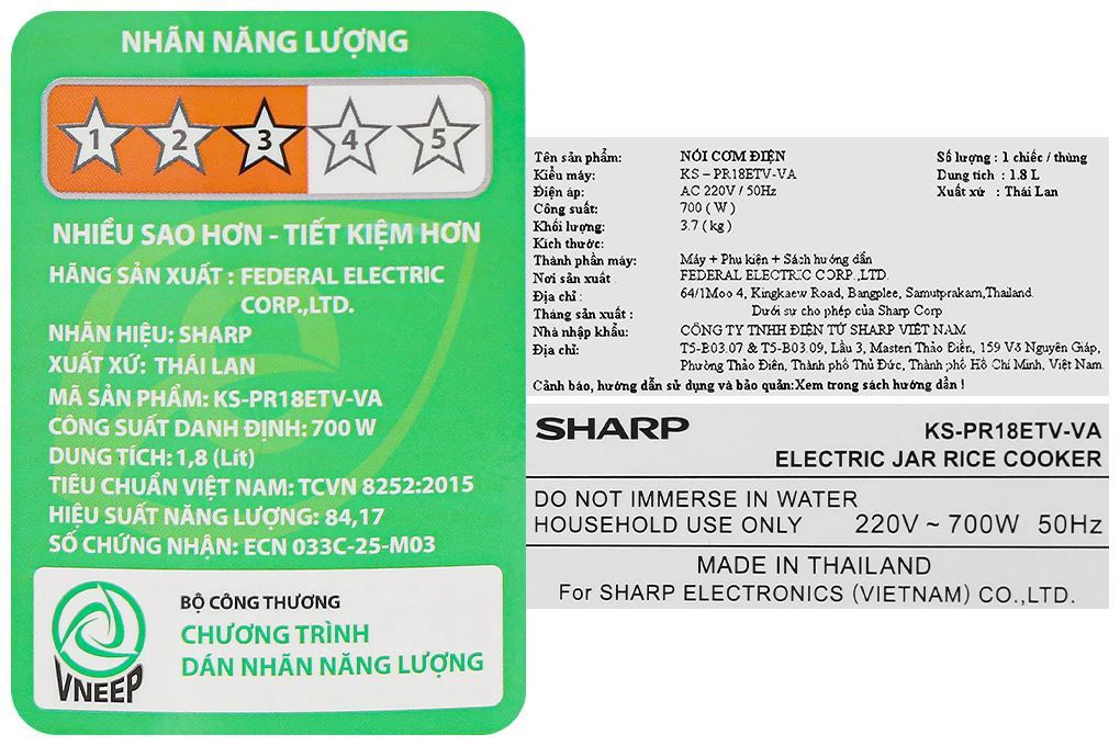Nồi cơm nắp gài Sharp 1.8 lít KS-PR18ETV-VA